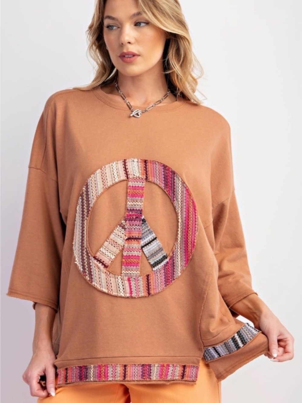 NWT easel Camel Multicolor Peace Sign Patchwork Top